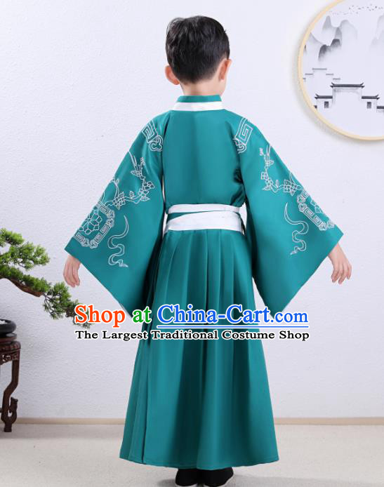 Chinese Traditional Han Dynasty Children Green Hanfu Clothing Ancient Scholar Costume for Kids