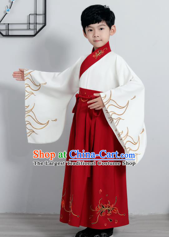 Chinese Traditional Han Dynasty Boys Embroidered Red Hanfu Clothing Ancient Scholar Costume for Kids