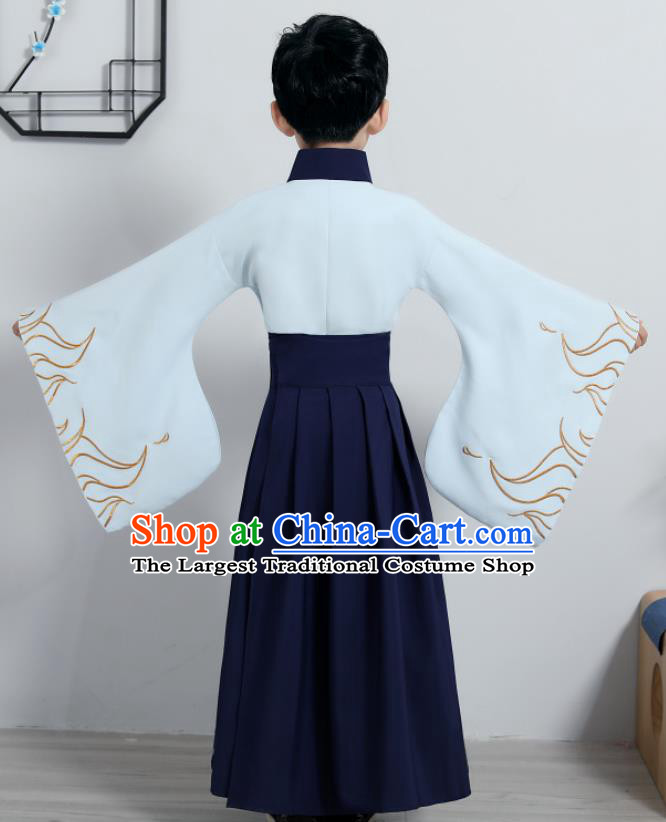 Chinese Traditional Han Dynasty Boys Embroidered Navy Hanfu Clothing Ancient Scholar Costume for Kids