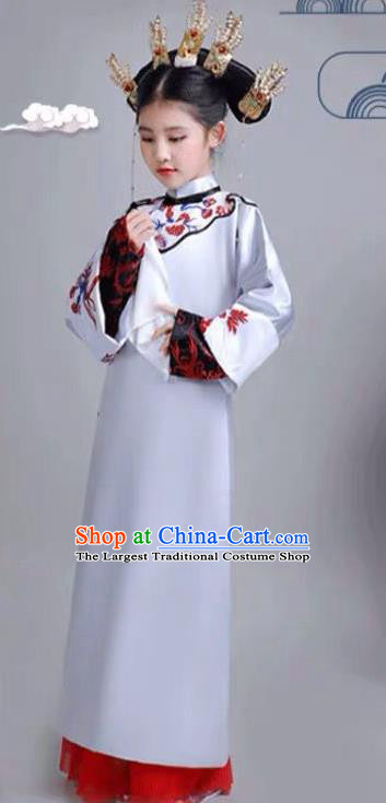 Chinese Traditional Qing Dynasty Girls Blue Qipao Dress Ancient Manchu Princess Costume for Kids