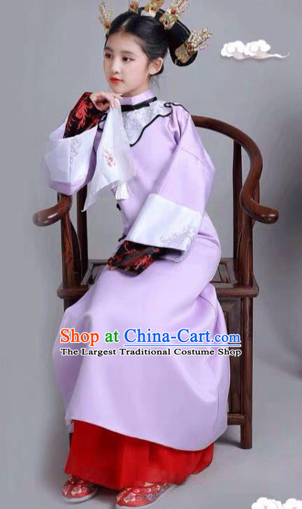 Chinese Traditional Qing Dynasty Girls Lilac Qipao Dress Ancient Manchu Princess Costume for Kids