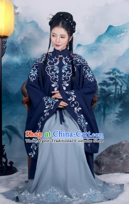 Traditional Chinese Ming Dynasty Royal Princess Replica Costumes Ancient Nobility Lady Navy Hanfu Dress for Women