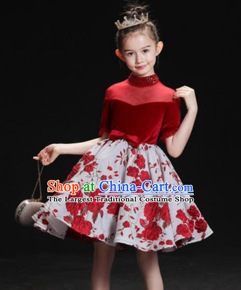Top Grade Christmas Day Dance Performance Red Velvet Full Dress Kindergarten Girl Stage Show Costume for Kids