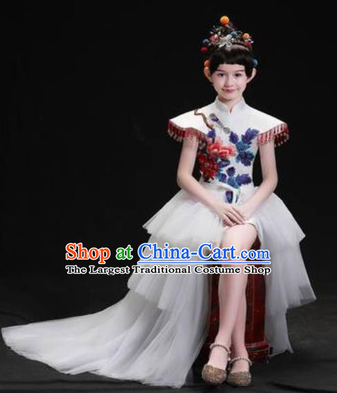 Chinese New Year Performance White Veil Trailing Full Dress Kindergarten Girls Dance Stage Show Costume for Kids