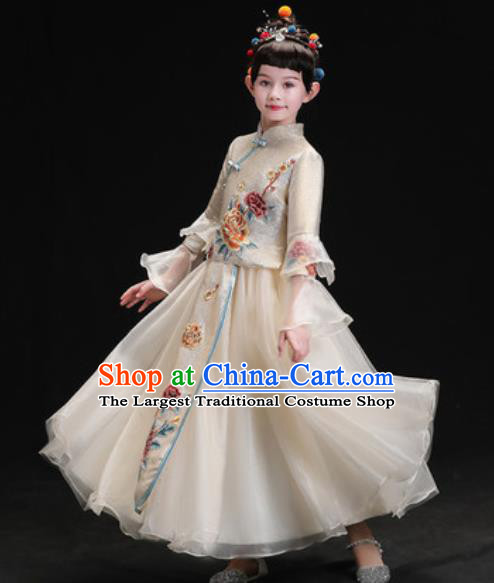Chinese New Year Performance Embroidered Grey Full Dress Kindergarten Girls Dance Stage Show Costume for Kids