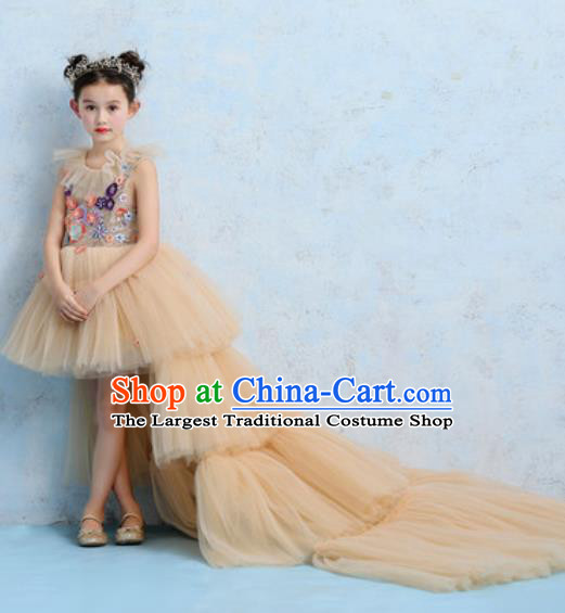 Top Grade Christmas Day Dance Performance Beige Veil Trailing Full Dress Kindergarten Girl Stage Show Costume for Kids