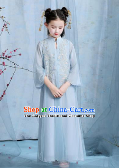 Chinese New Year Performance Embroidered Blue Veil Dress Kindergarten Girls Dance Stage Show Costume for Kids