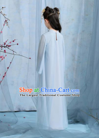 Chinese New Year Performance Embroidered Blue Veil Dress Kindergarten Girls Dance Stage Show Costume for Kids