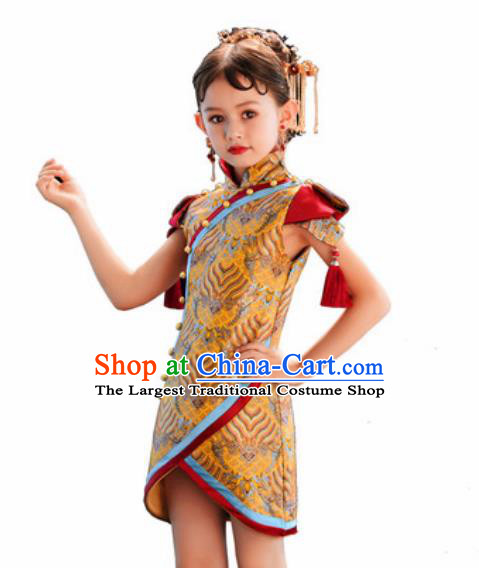 Chinese New Year Performance Yellow Qipao Dress National Kindergarten Girls Dance Stage Show Costume for Kids