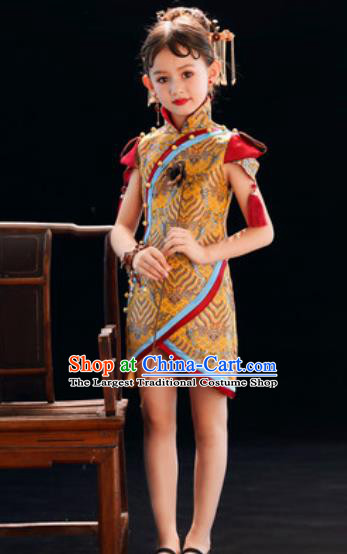 Chinese New Year Performance Yellow Qipao Dress National Kindergarten Girls Dance Stage Show Costume for Kids