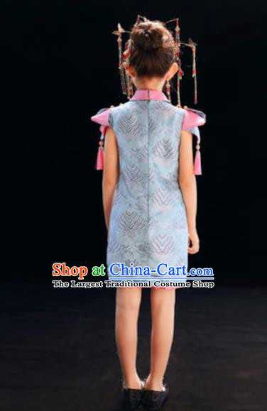 Chinese New Year Performance Blue Qipao Dress National Kindergarten Girls Dance Stage Show Costume for Kids