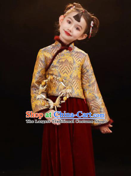 Chinese New Year Performance Purplish Red Dress National Kindergarten Girls Dance Stage Show Costume for Kids