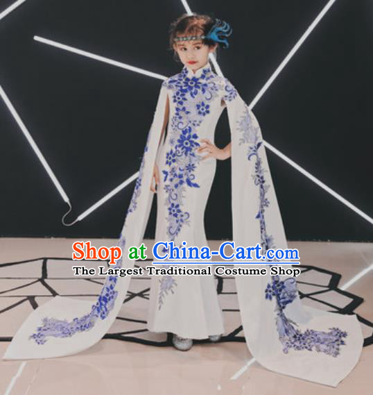 Chinese New Year Performance White Qipao Dress National Kindergarten Girls Dance Stage Show Costume for Kids