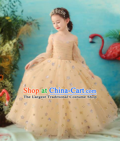 Top Grade Christmas Day Dance Performance Golden Veil Bubble Full Dress Kindergarten Girl Stage Show Costume for Kids