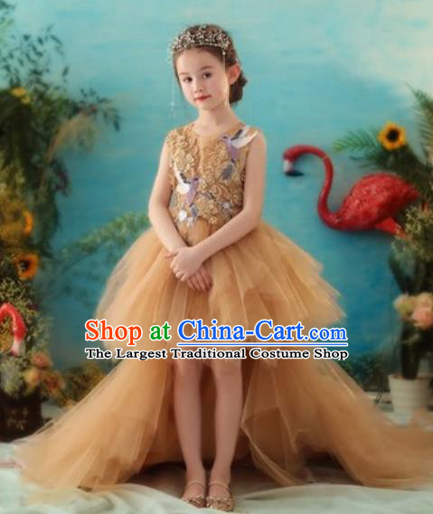 Top Grade Christmas Day Dance Performance Golden Trailing Full Dress Kindergarten Girl Stage Show Costume for Kids