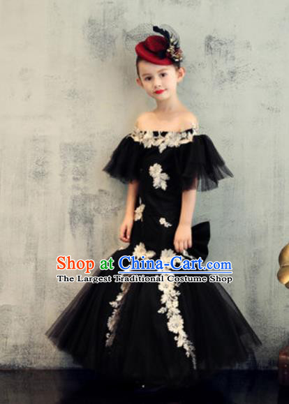 Top Grade Christmas Day Dance Performance Black Veil Fishtail Full Dress Kindergarten Girl Stage Show Costume for Kids