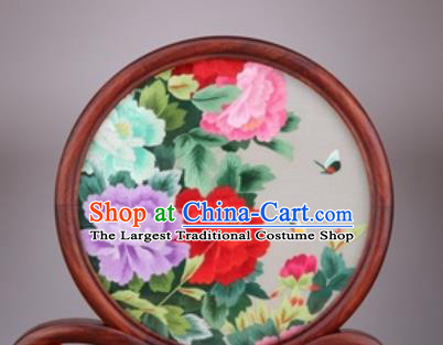 Chinese Traditional Suzhou Embroidery Peony Flowers Desk Folding Screen Embroidered Rosewood Decoration Embroidering Craft
