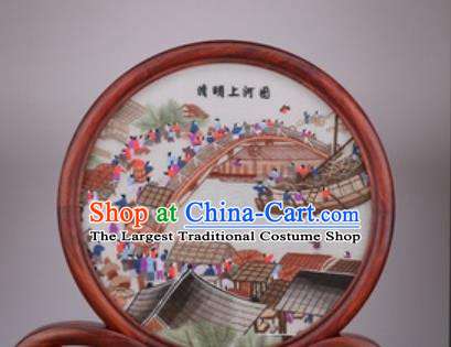 Chinese Traditional Suzhou Embroidery Riverside Scene at Qingming Festival Desk Folding Screen Embroidered Rosewood Decoration Embroidering Craft