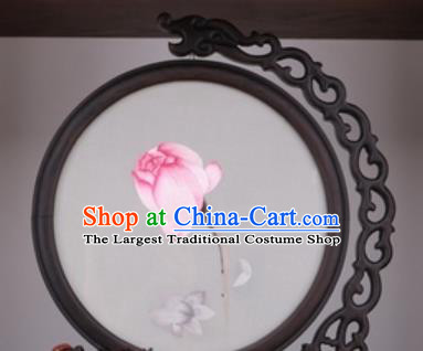 Chinese Traditional Suzhou Embroidery Pink Lotus Table Folding Screen Embroidered Rosewood Decoration Embroidering Craft
