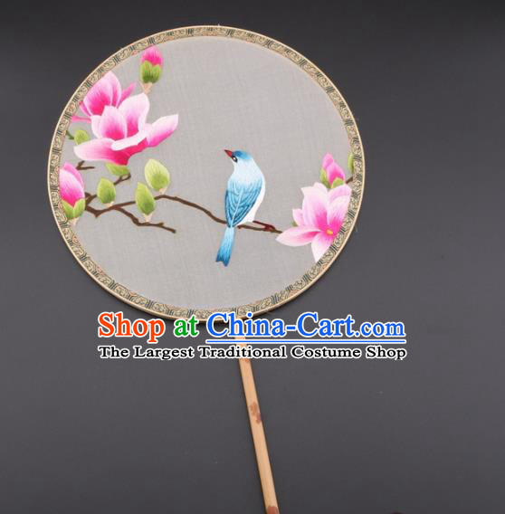 Chinese Traditional Suzhou Embroidery Pink Magnolia Palace Fans Embroidered Silk Round Fans Embroidery Craft
