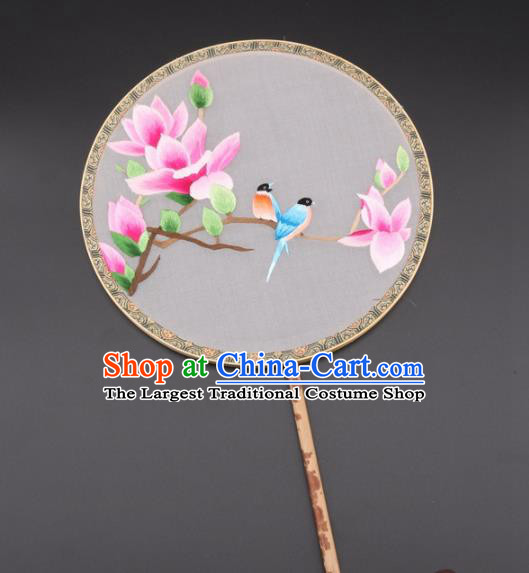 Chinese Traditional Suzhou Embroidery Pink Magnolia Birds Palace Fans Embroidered Silk Round Fans Embroidery Craft