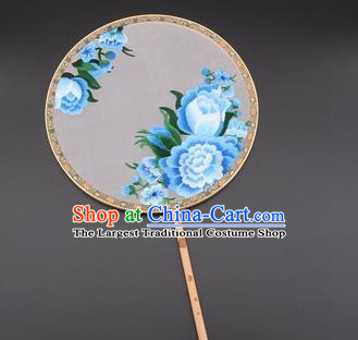 Chinese Traditional Suzhou Embroidery Blue Peony Palace Fans Embroidered Silk Round Fans Embroidery Craft