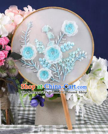 Chinese Traditional Handmade Embroidery Blue Camellia Round Fan Embroidered Palace Fans