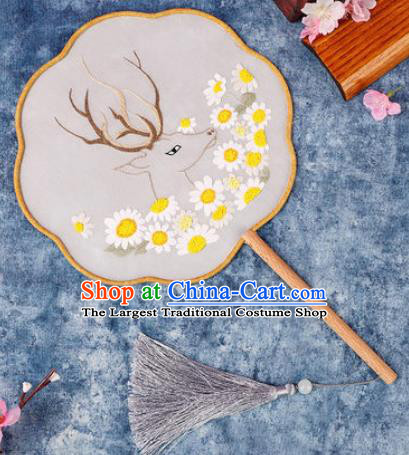 Chinese Traditional Handmade Embroidery Deer Sunflowers Round Fan Embroidered Palace Fans