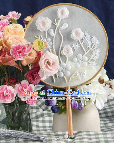 Chinese Traditional Handmade Embroidery White Camellia Round Fan Embroidered Palace Fans