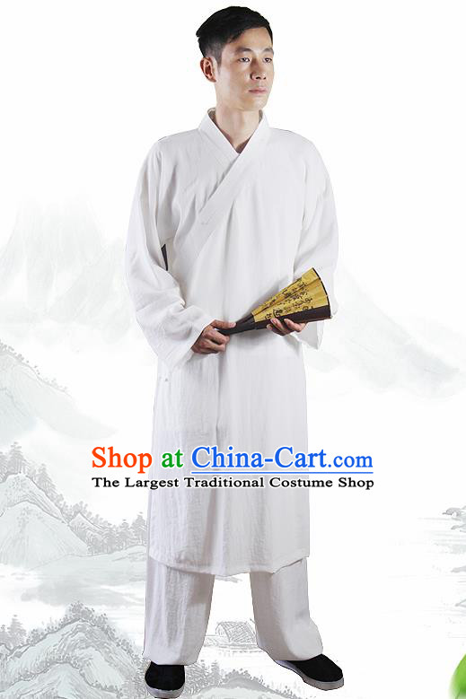 Chinese Traditional Martial Arts White Flax Robe Kung Fu Taoist Priest Tai Chi Costume for Men