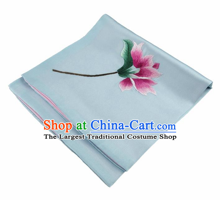 Chinese Traditional Handmade Embroidery Magnolia Light Blue Silk Handkerchief Embroidered Hanky Suzhou Embroidery Noserag Craft