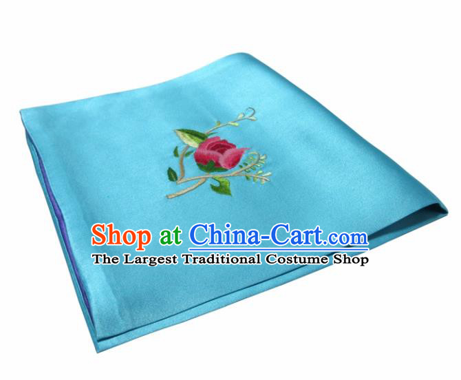 Chinese Traditional Handmade Embroidery Flower Blue Silk Handkerchief Embroidered Hanky Suzhou Embroidery Noserag Craft