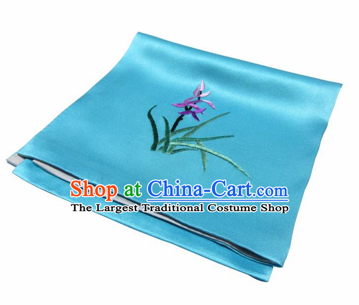 Chinese Traditional Handmade Embroidery Orchid Blue Silk Handkerchief Embroidered Hanky Suzhou Embroidery Noserag Craft