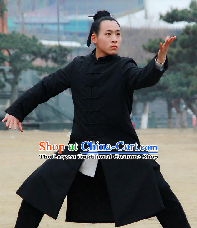 Chinese Traditional Martial Arts Winter Black Cotton Wadded Robe Priest Frock Kung Fu Taoist Priest Tai Chi Costume for Men