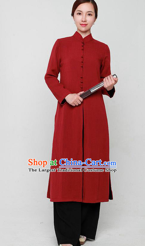Chinese Traditional Martial Arts Purplish Red Dust Coat Kung Fu Tai Chi Costume for Women