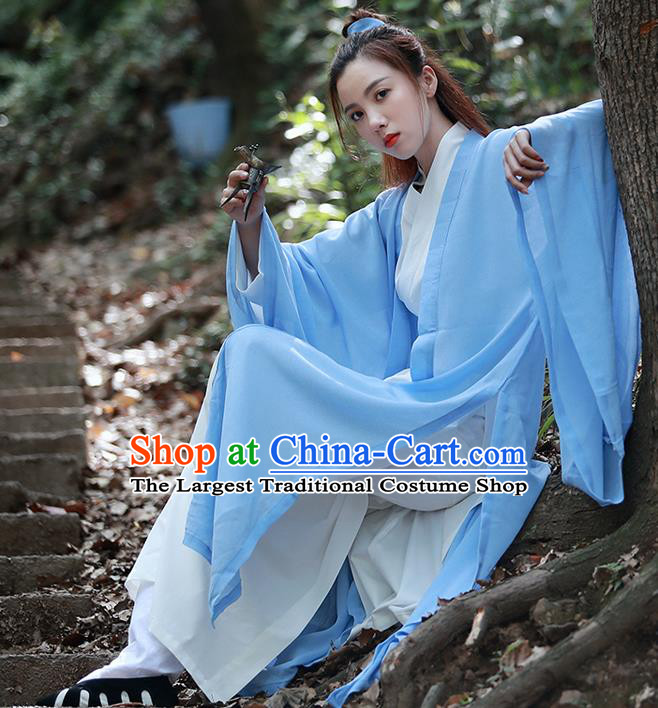 Chinese Traditional Wudang Taoist Nun Light Blue Cloak Martial Arts Outfits Kung Fu Tai Chi Costume for Women
