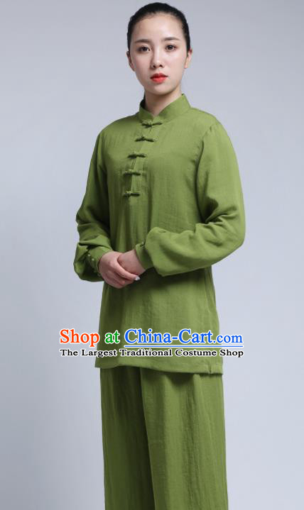 Chinese Traditional Wudang Martial Arts Olive Green Outfits Kung Fu Tai Chi Costume for Women