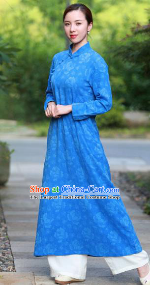 Chinese Traditional Martial Arts Blue Qipao Dress Tang Suit Kung Fu Tai Chi Costume for Women