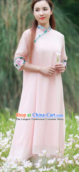 Chinese Traditional Tang Suit Pink Silk Qipao Dress Classical Embroidered Cheongsam Costume for Women