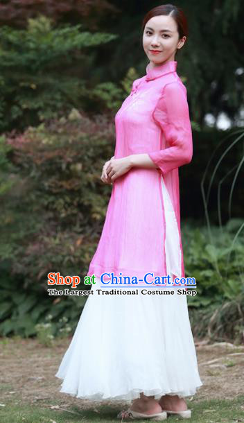 Chinese Traditional Tang Suit Painting Bamboo Rosy Qipao Dress Classical Cheongsam Costume for Women