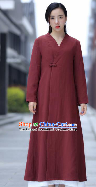 Chinese Traditional Tang Suit Rust Red Flax Dust Coat Classical Overcoat Costume for Women