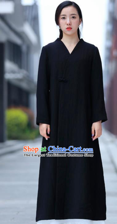 Chinese Traditional Tang Suit Black Flax Dust Coat Classical Overcoat Costume for Women