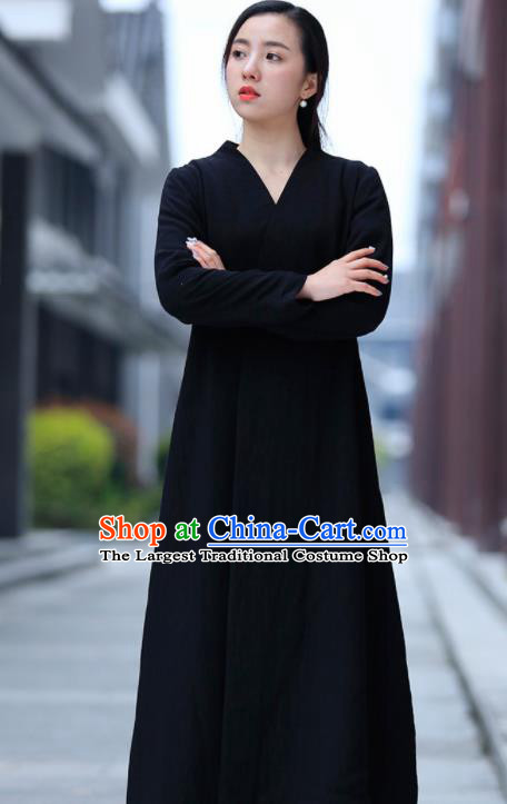 Chinese Traditional Tang Suit Black Flax Dust Coat Classical Overcoat Costume for Women