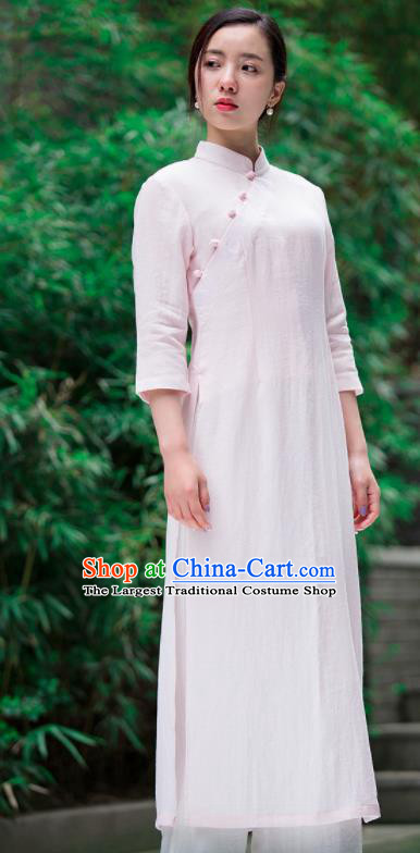 Chinese Traditional Tang Suit Light Pink Qipao Dress Martial Arts Kung Fu Tai Chi Costume for Women