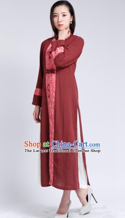 Chinese Traditional Tang Suit Rust Red Flax Cardigan Classical Overcoat Costume for Women