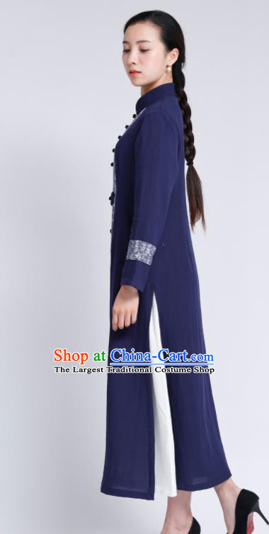 Chinese Traditional Tang Suit Navy Flax Cardigan Classical Overcoat Costume for Women