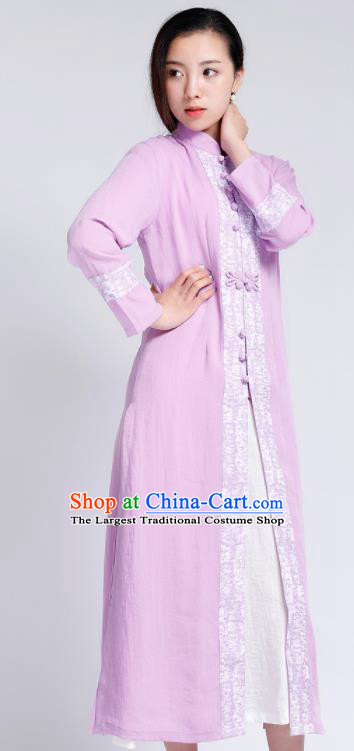 Chinese Traditional Tang Suit Lilac Flax Cardigan Classical Overcoat Costume for Women