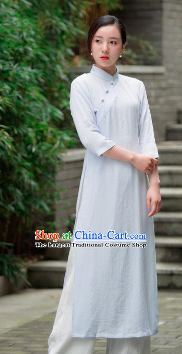 Chinese Traditional Tang Suit Light Blue Qipao Dress Martial Arts Kung Fu Tai Chi Costume for Women
