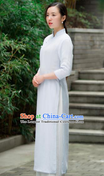 Chinese Traditional Tang Suit Light Blue Qipao Dress Martial Arts Kung Fu Tai Chi Costume for Women