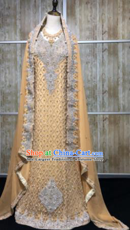 South Asia  Indian Court Bride Embroidered Golden Dress Traditional   India Hui Nationality Wedding Costumes for Women